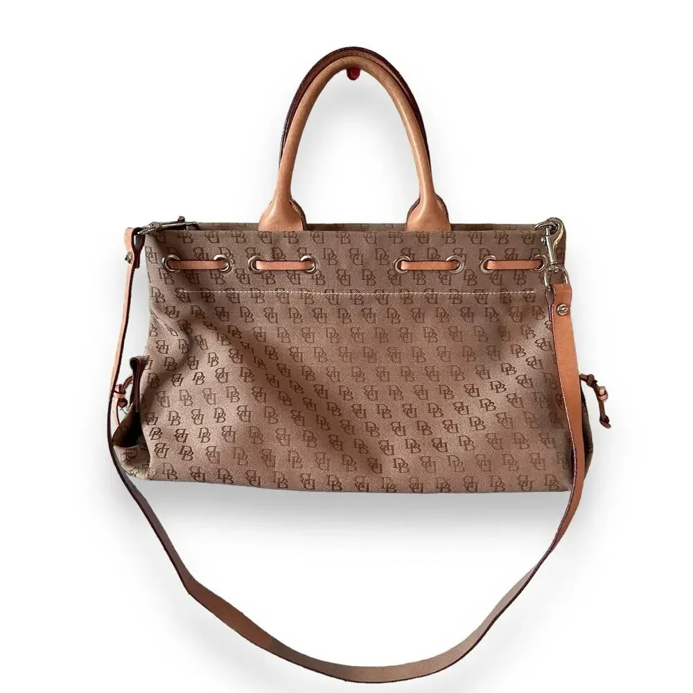 Dooney & Bourke Canvas Leather Monogram Shoulder Handbag Beige Tassel Snap